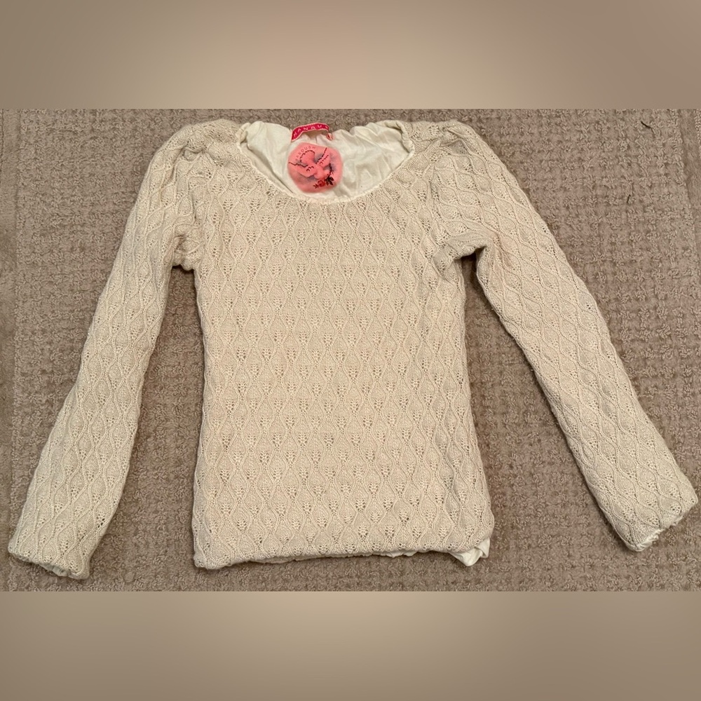 Manoush Cream gold shimmer Lace Knit Long Sleeve Top sweater Small S Lined